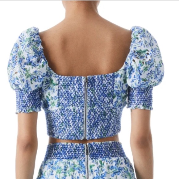NWT ALICE + OLIVIA Crawford Floral Puff Sleeve Cotton Silk Crop Top Sz. L - Picture 3 of 5